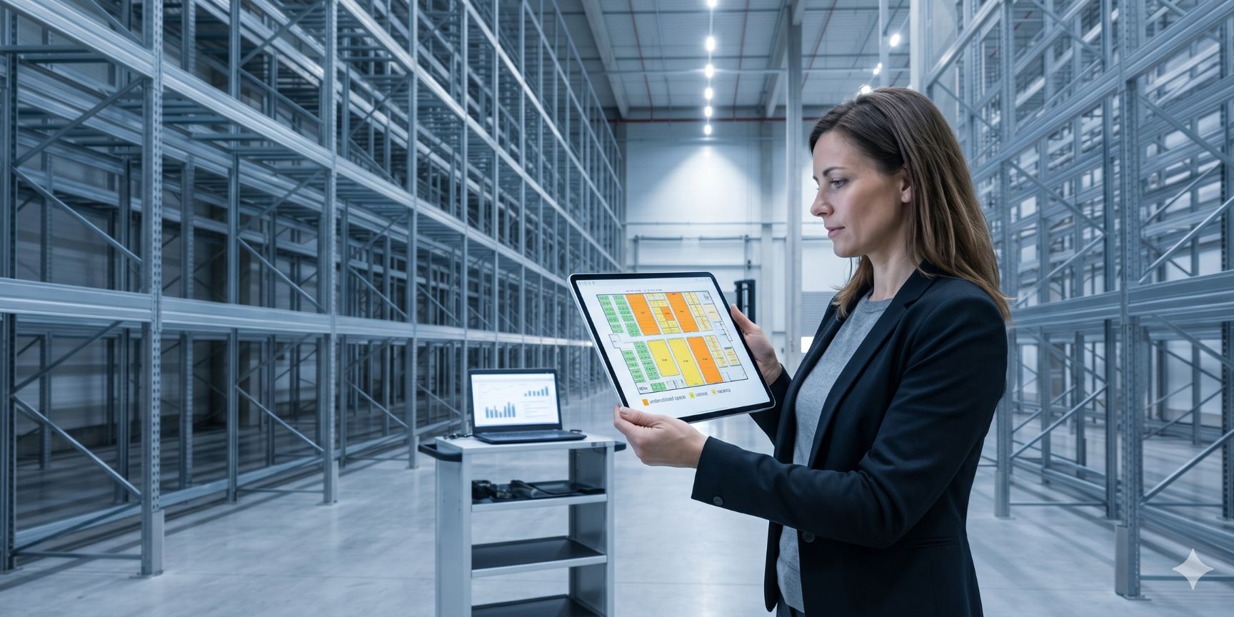Logistikplaner analysiert Leerstand auf Tablet mit digitaler Karte, ungenutzte rote Zonen im Lagerplan, proaktives Flächenmanagement, Kostenoptimierung, Fachartikel
